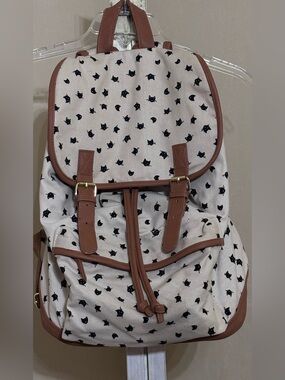 Canvas Cat Print Drawstring Backpack with Brown Faux Leather Trim
